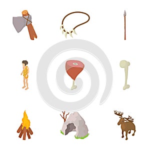 Prehistory icons set, cartoon style photo