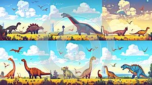 Prehistory portal, paleontology study, exhibition service, dinosaur virtual park cartoon posters set. Educational