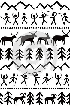 Prehostoric cave paintings art vector seamless pattern with people, animals, mountains and tress, primitive design inspired by sto