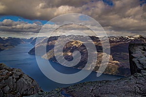 Preiekestolen - The Pulpit Rock, Norwegian Cliff Tourist Destination at Lysefjorden, Stavanger, Norway