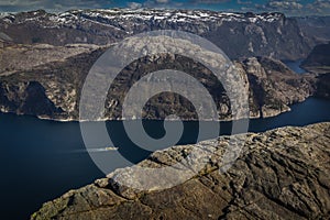 Preiekestolen - The Pulpit Rock, Norwegian Cliff Tourist Destination at Lysefjorden, Stavanger, Norway