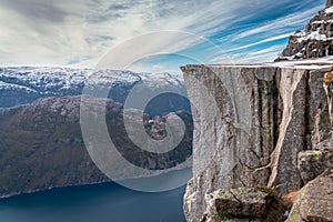 Preikestolen or Prekestolen, a 604 m high cliff in Norway, located by the Lysefjord