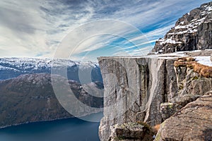 Preikestolen or Prekestolen, a 604 m high cliff in Norway, located by the Lysefjord