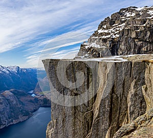 Preikestolen or Prekestolen, a 604 m high cliff in Norway, located by the Lysefjord