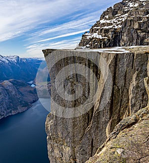 Preikestolen or Prekestolen, a 604 m high cliff in Norway, located by the Lysefjord