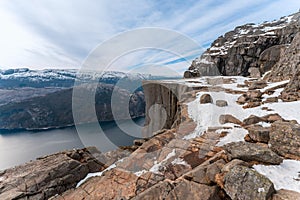 Preikestolen or Prekestolen, a 604 m high cliff in Norway, located by the Lysefjord