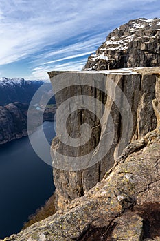 Preikestolen or Prekestolen, a 604 m high cliff in Norway, located by the Lysefjord