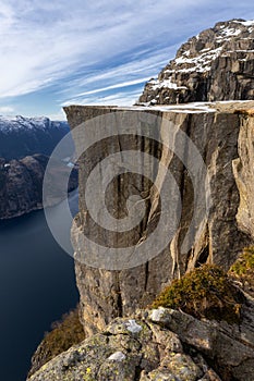 Preikestolen or Prekestolen, a 604 m high cliff in Norway, located by the Lysefjord