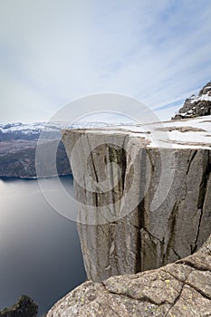 Preikestolen or Prekestolen, a 604 m high cliff in Norway, located by the Lysefjord