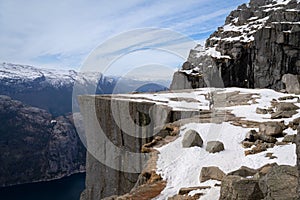 Preikestolen or Prekestolen, a 604 m high cliff in Norway, located by the Lysefjord