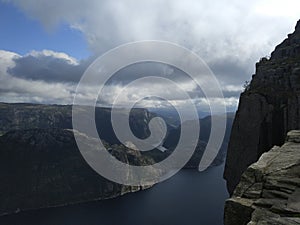 Preikestolen or Pulpit Rock. Top view of a giant cliff 604 m high above the Lysefjord, Norway. View