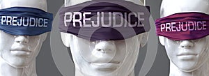 Prejudice can blind our views and limit perspective - pictured as word Prejudice on eyes to symbolize that Prejudice can distort