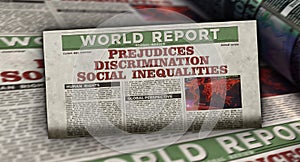 Prejudices, discrimination, social inequalities and bias retro newspaper illustration