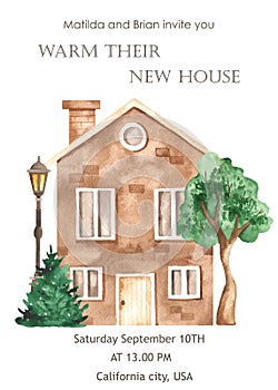Watercolor card with old houses, tree, housewarming invitation photo