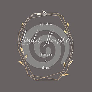 Premade golden logo design with crystal wreath frame and leaves. Feminine logotype template