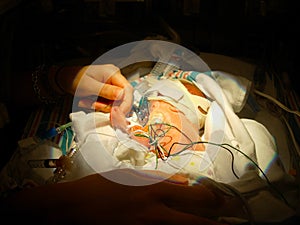 Premature baby holds mothers finger