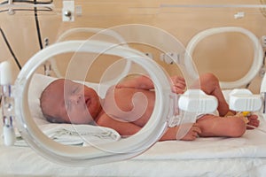 Premature newborn baby in the hospital incubator. Neonatal intensive care unit