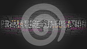 Premature ejaculation - essential terms related to it arranged in a 4-color word cloud poster. Reveals related primary and photo