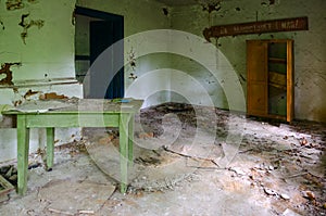 Premises of abandoned elementary school in village of Dronki in exclusion zone of Chernobyl nuclear power plant, Belarus