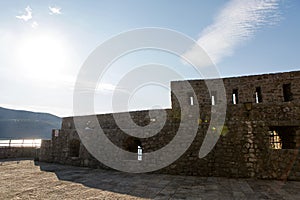 Premises of the fortress under the thatched roof during the sun with shade