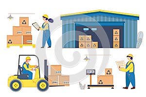 Premises for storing goods, warehouse. Container ship workers. Loading, stacking goods. Electric forklifts