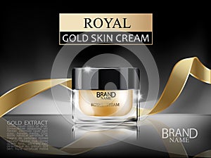 Premium 3d cosmetic glass cream bottle with royal gold face cream inside and gold ribbon on dark abstract background.