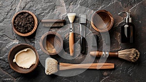 A premium array of wooden shaving accessories and natural grooming products neatly arranged on a textured dark stone