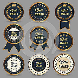 Premium best award label with ribbon. Gold laureate award, badge, medal photo