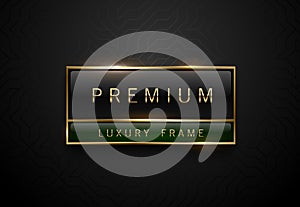 Premium black green label with golden frame on black geometric background. Dark luxury logo template. Vector illustration.