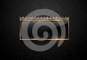 Premium black label with golden frame sparks and crown on black floral pattern background. Dark vip template. Vector illustration.