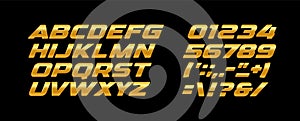 Premium bold letters and numbers set. Golden texture, yellow and orange color, gold metal style vector latin alphabet