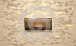 Premium brown label with golden frame on metallic gold geometric background golden lines. Vip luxury logo template. Vector