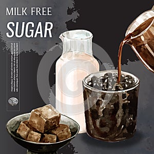 Premium brown sugar bubble milk tea, ad content modern, watercolor illustration design