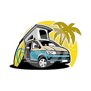 Premium Camper van caravan surfing in the beach vector illustration