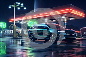 premium car at a gas station at night. AI Generated.