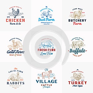 Premium Cattle and Poultry Farm Retro Badges or Logo Templates Set. Hand Drawn Domestic Animals and Farm Landscapes