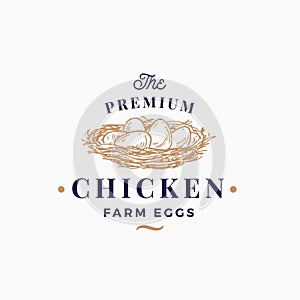 Premium Chicken Eggs Farm Abstract Vector Sign, Symbol or Logo Template. Hand Drawn Sketch Nest with Eggs Sillhouette