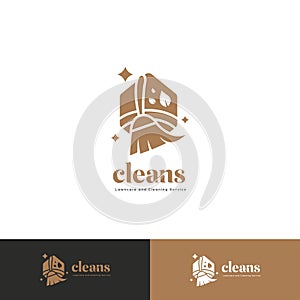 Premium cleaning service logo badge with brush broom icon in luxury bronze color style