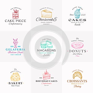 Premium Confectionary Abstract Signs, Symbols or Logo Templates Collection. Hand Drawn Ice Cream, Donut and Cakes with photo