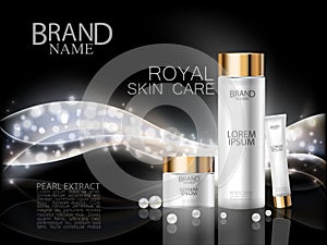 Premium cosmetic ads. Face care royal pearl extract white luxury bottle and cream on abstract shiny ivory wave design element with