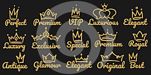 Premium crown logo. Sketch golden luxurious and exclusive, special and glamour diadems. Crowns for vip person