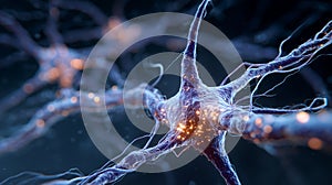 Neural Network Brain Visualization with Glowing Neural Nodes. Artificial Intelligence Deep Learning, Microscopic Neural Impulse.