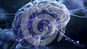 Neural Network Brain Visualization with Glowing Neural Nodes. Artificial Intelligence Deep Learning, Purple Neural Network.