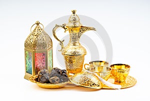 Premium dates, lantern and arabic coffee set on white background