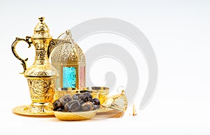 Premium dates, lantern and arabic coffee set on white background