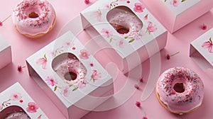 Premium donuts in a beautiful floral package on a pink background. National Donut Day