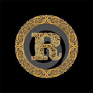 Premium, elegant capital letter R in a round frame is made of floral ornament. Baroque style.Elegant capital letters set