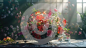 premium flowers, meticulously arranged at the center of the screen, featuring photorealistic details and impressive