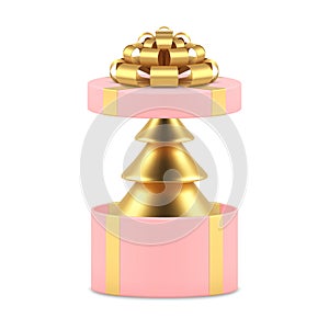 Premium glossy golden Christmas tree open festive pink polygonal gift box realistic 3d icon vector