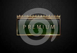 Premium green label with golden frame sparks and crown on black geometric pattern background. Dark luxury logo template. Vector